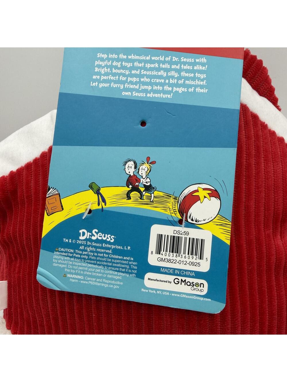 Dr Seuss Cat in the Hat Plush Dog Toy with Squeaker House Red Corduroy Exterior - Picture 6 of 11